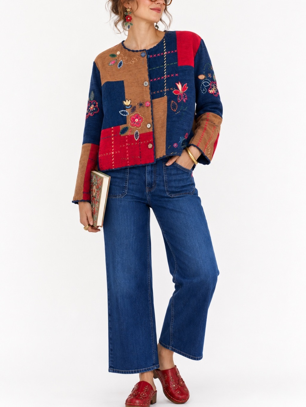 Vintage 90s Artsy Patchwork Novelty Embroidered Statement Jacket Whimsy Boho XL - Picture 1 of 15